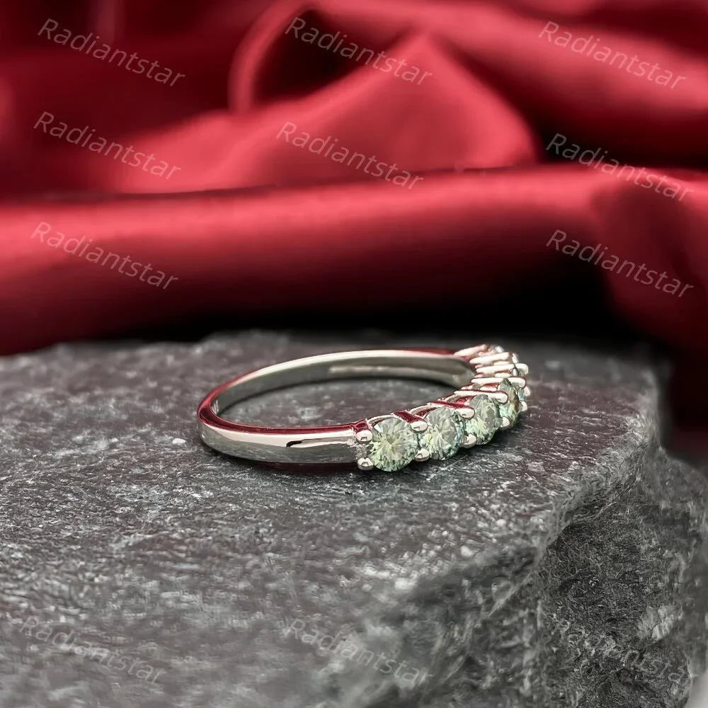 NEW Certified 3mm Blue Green Moissanite 7 Stone Half Eternity Band Ring